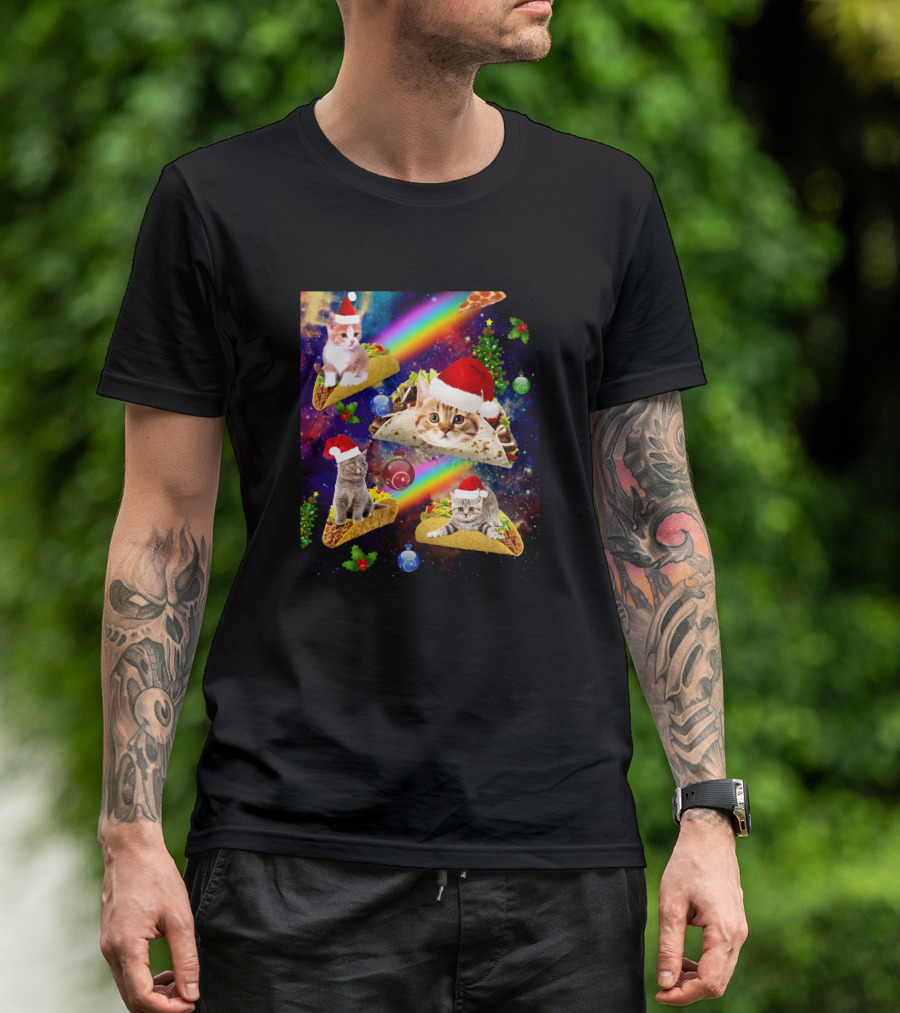 Christmas Cats In Outer Space Riding Tacos With Santa Hats And Rainbows T-Shirt
