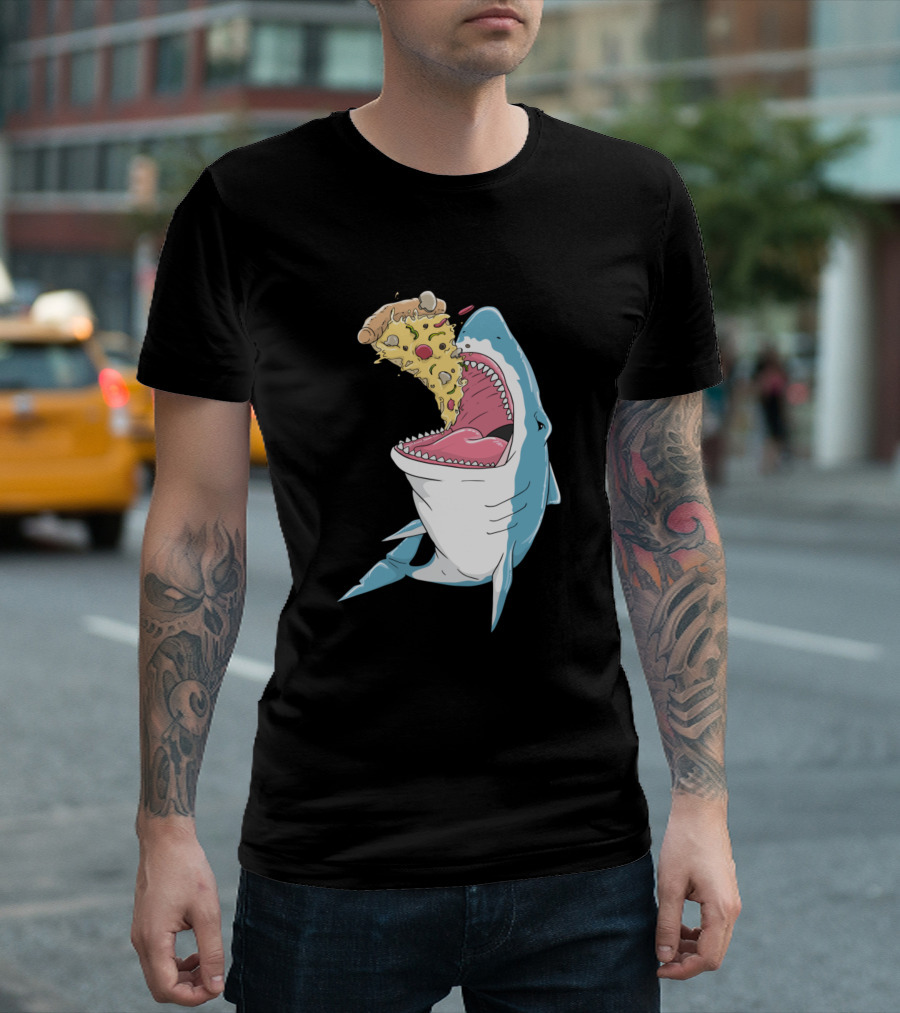 Pizza Shark Anime Kawaii Illustration Eating Pizza Slice T-Shirt