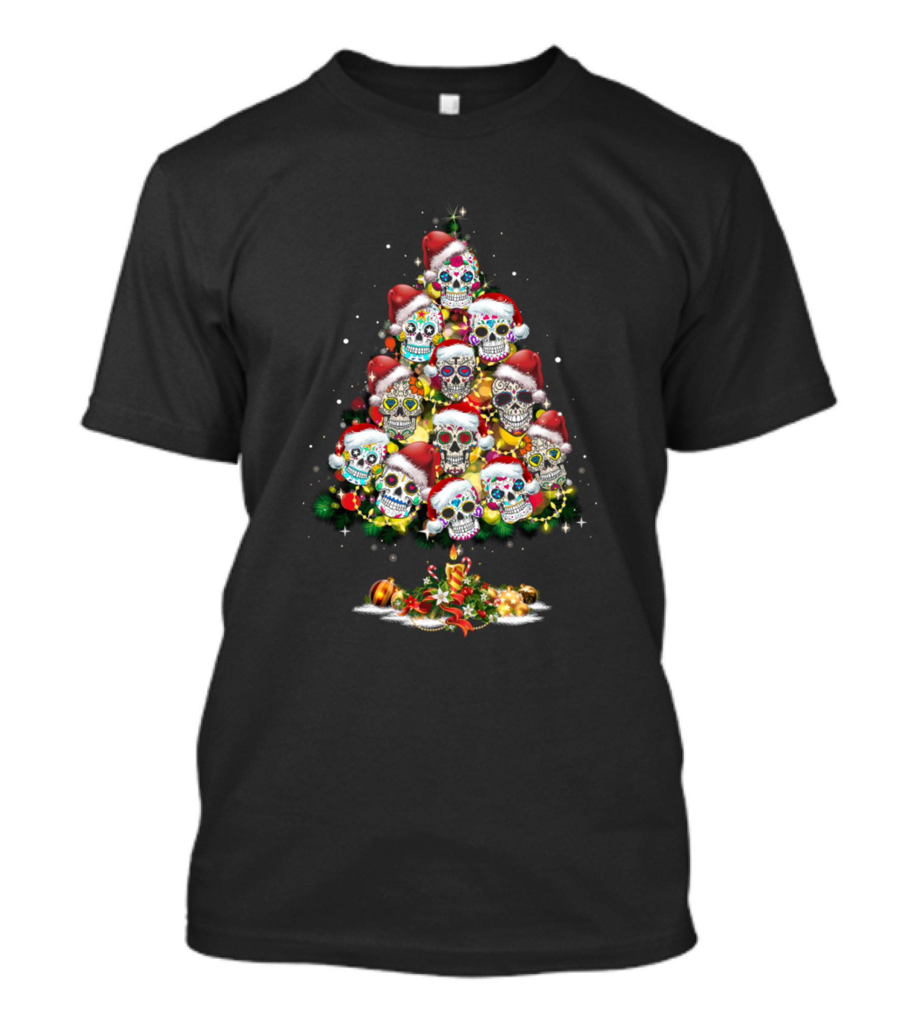 Santa Hat Christmas Tree Skull Pjs Men Mexican Sugar Skull T-Shirt
