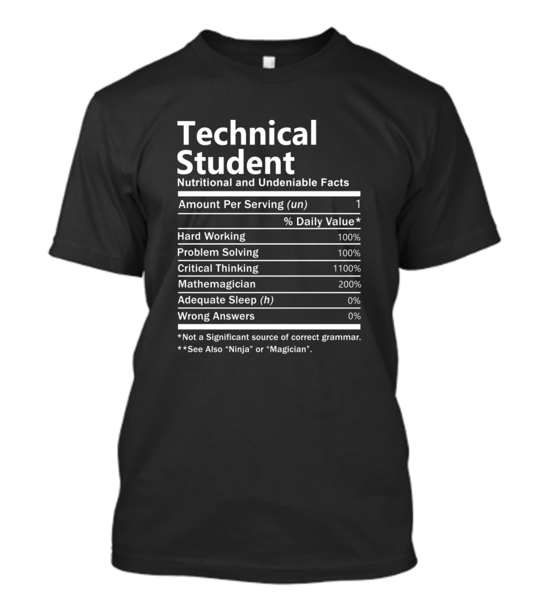 Technical Student Nutritional And Undeniable Facts: Hard Working, Problem Solving, Critical Thinking, Mathemagician, Adequate Sleep, Wrong Answers T-Shirt