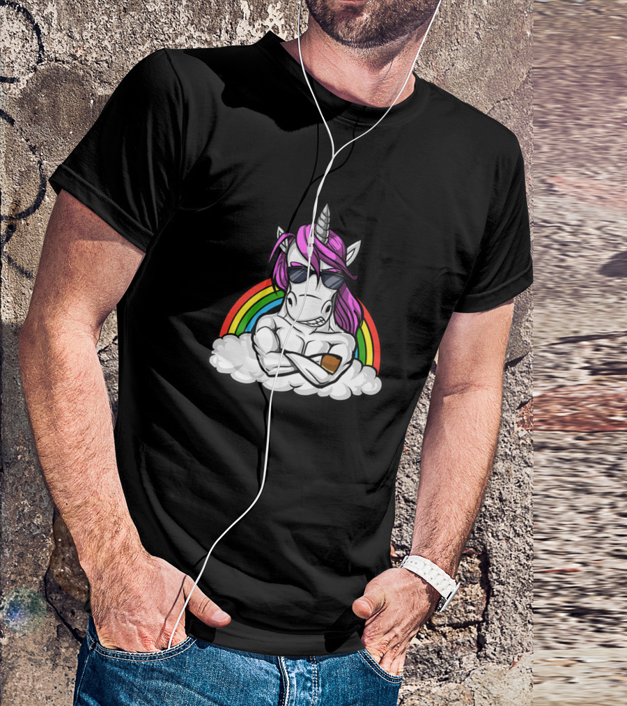 Unicorn Fitness Gym Bodybuilding Rainbow Sunglasses Muscular Cloud T-Shirt