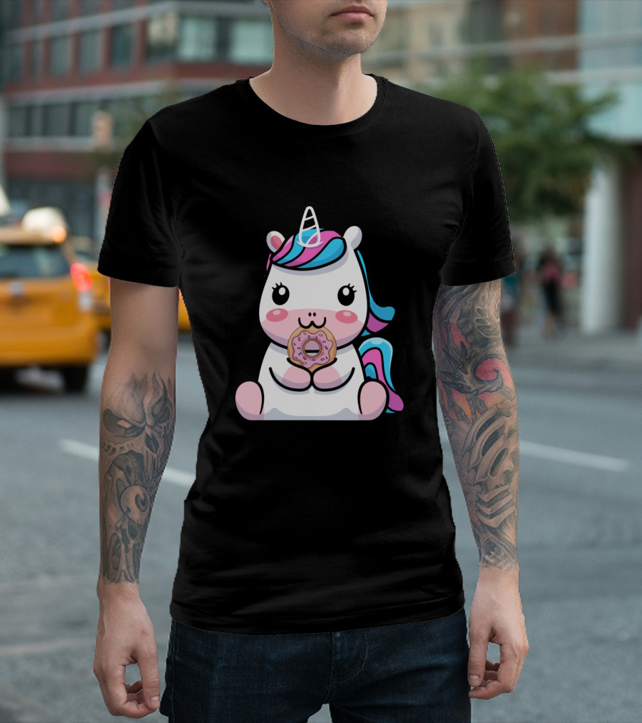 Cute Hungry Unicorn with Colorful Mane Enjoying Yummy Donut T-Shirt
