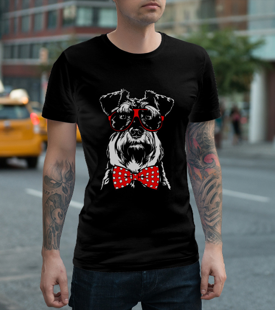 Funny Cute Miniature Schnauzer with Red Bow Tie and Glasses T-Shirt