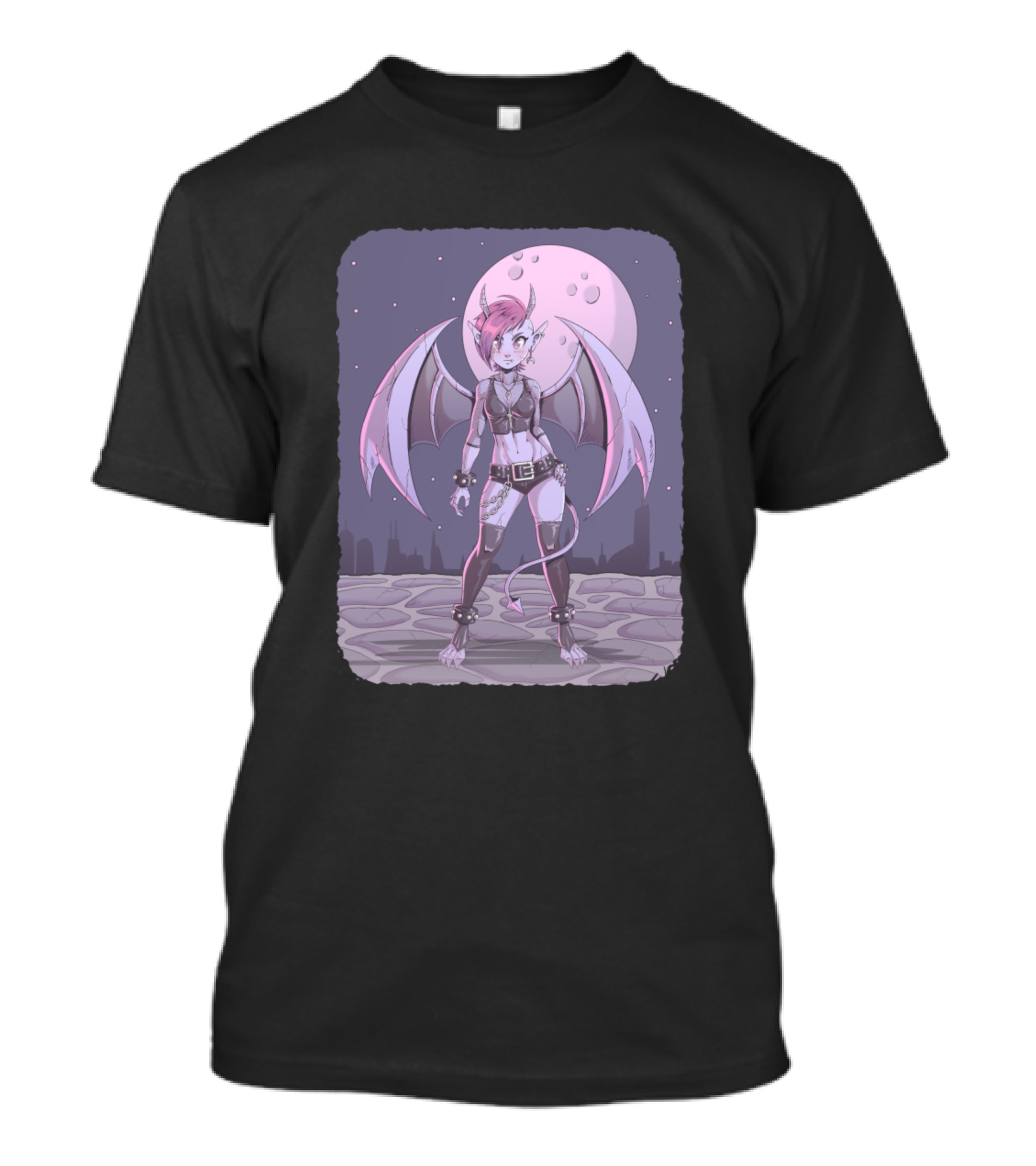 Gargoyle Pink-Haired Gothic Demon Under Full Moon T-Shirt