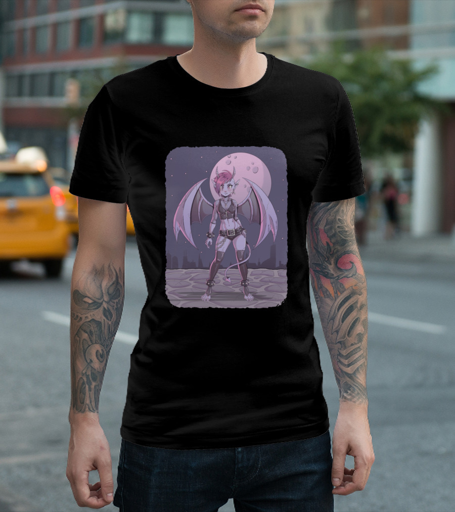 Gargoyle Pink-Haired Gothic Demon Under Full Moon T-Shirt