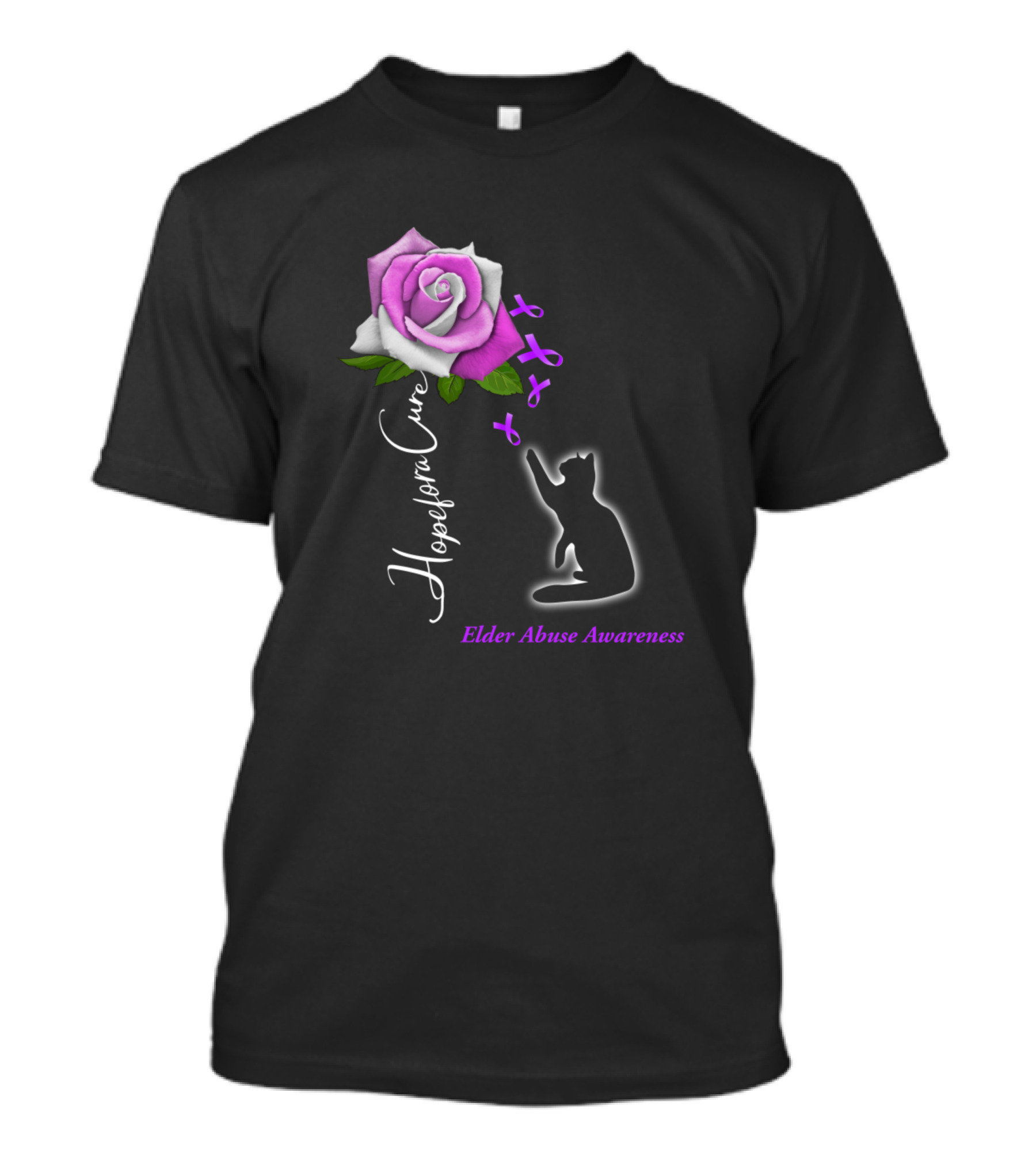 Hope For A Cure Elder Abuse Awareness Purple Ribbon Rose Cat T-Shirt