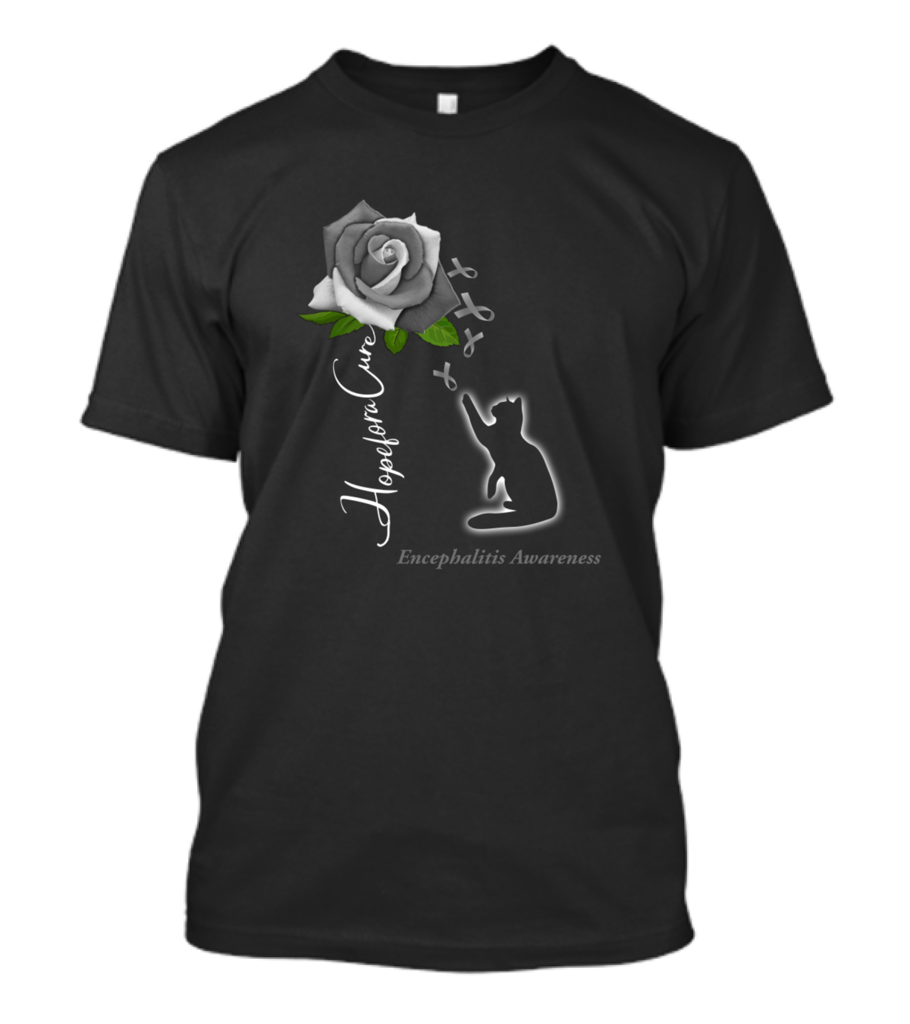 Hope For A Cure Encephalitis Awareness Support Rose And Cat T-Shirt