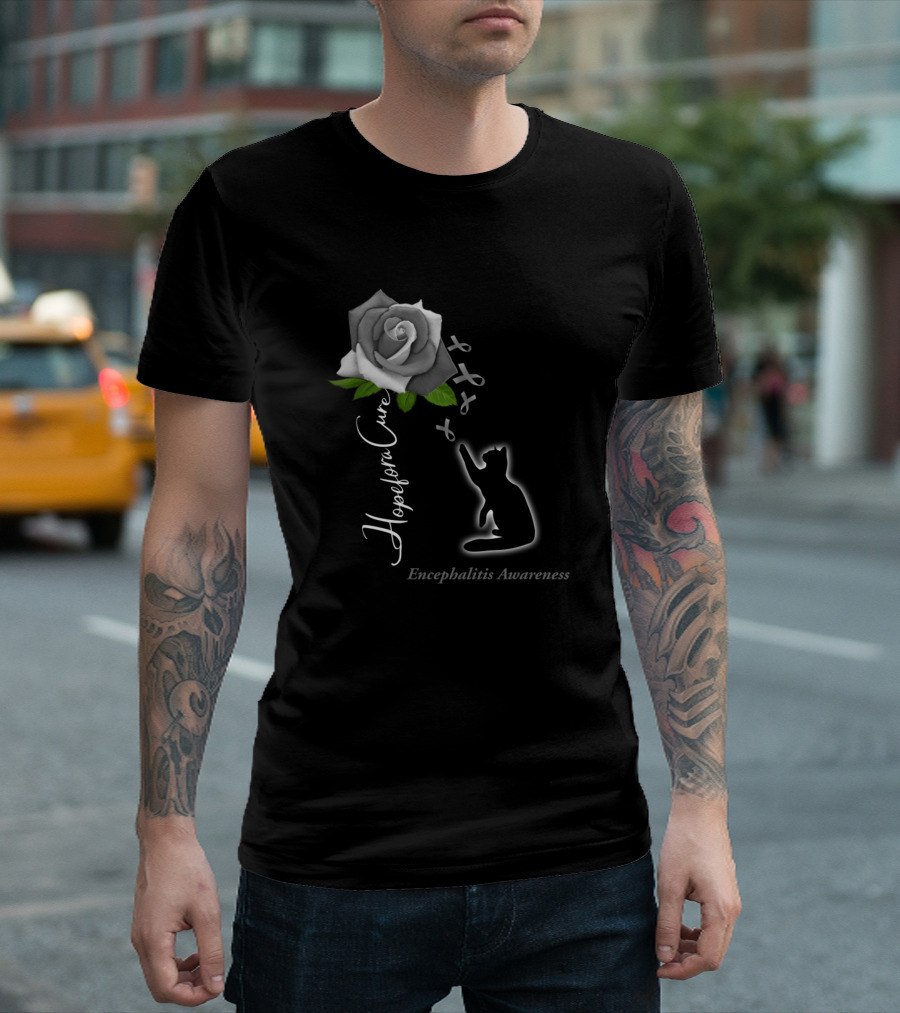Hope For A Cure Encephalitis Awareness Support Rose And Cat T-Shirt
