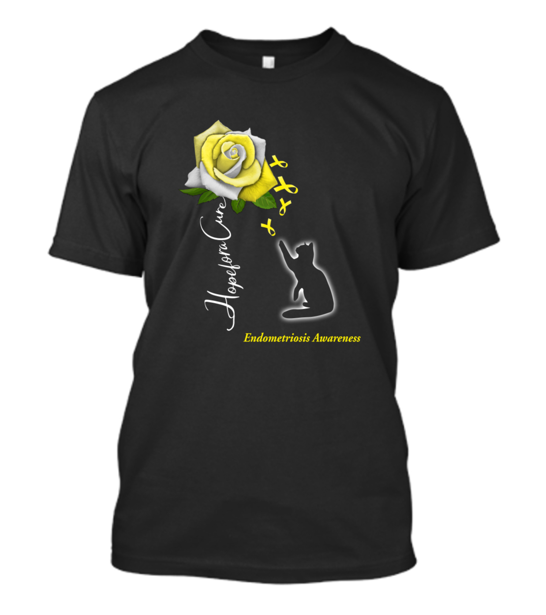 Hope For A Cure Endometriosis Awareness Yellow Ribbon Cat Rose T-Shirt
