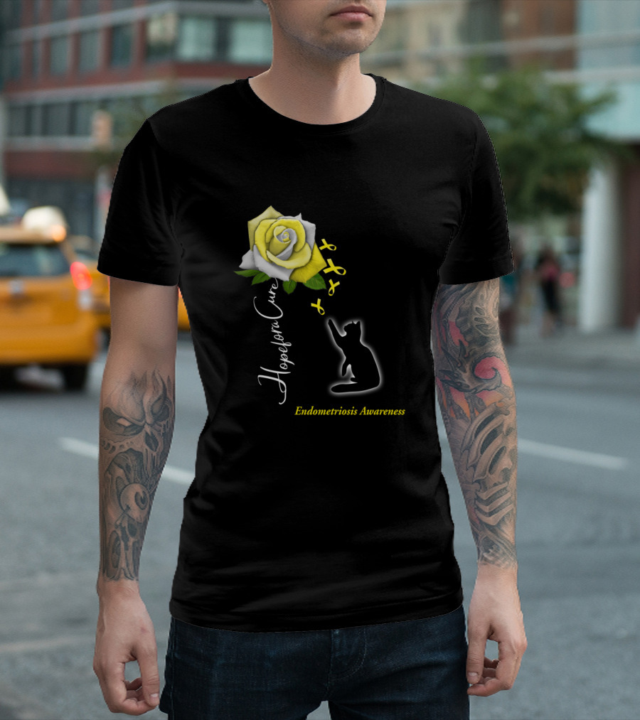 Hope For A Cure Endometriosis Awareness Yellow Ribbon Cat Rose T-Shirt