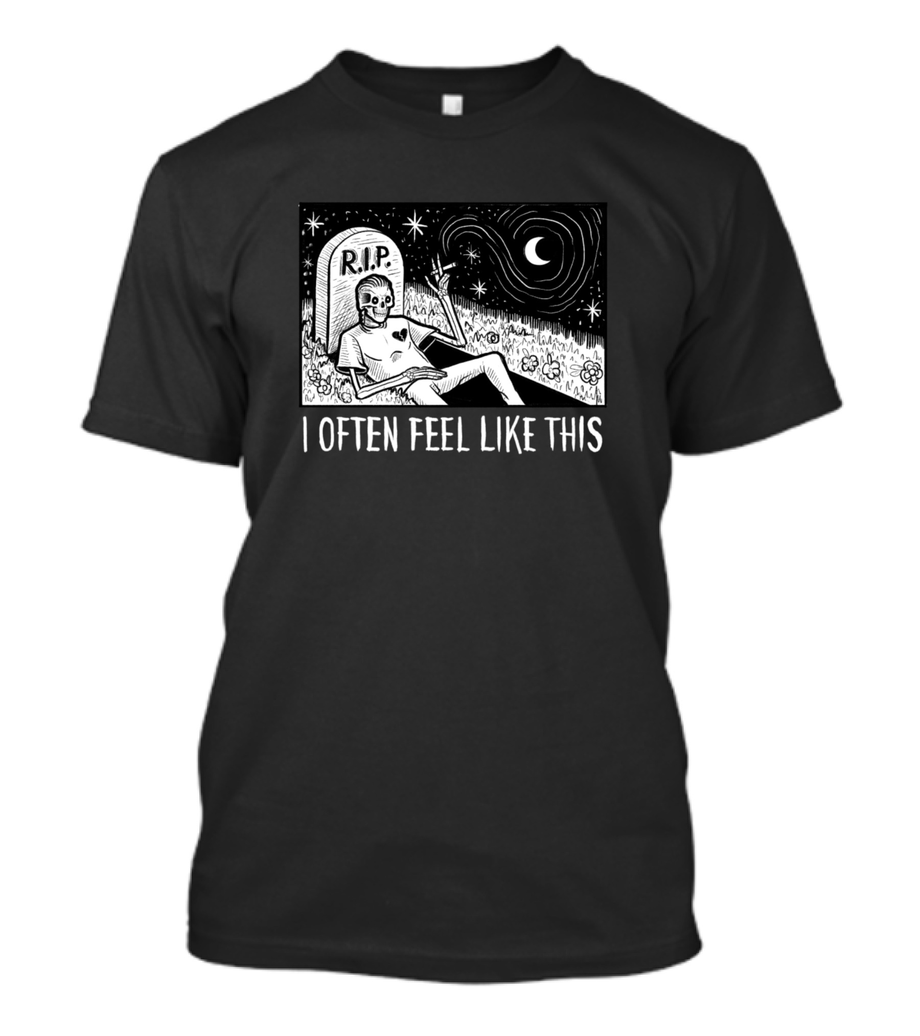 I Often Feel Like This Skeleton Resting By A Gravestone Under Starry Night Sky T-Shirt