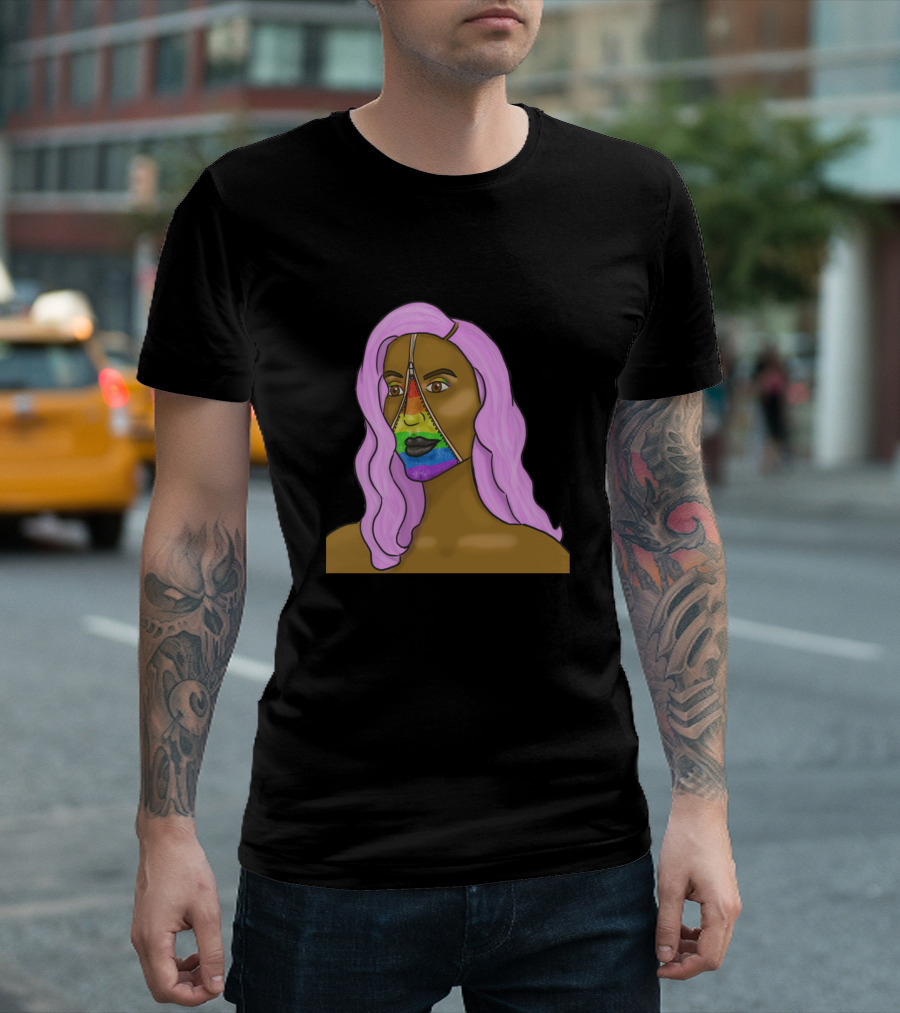 Inner Rainbow Hidden Face with Pink Hair and Zipper Reveal T-Shirt