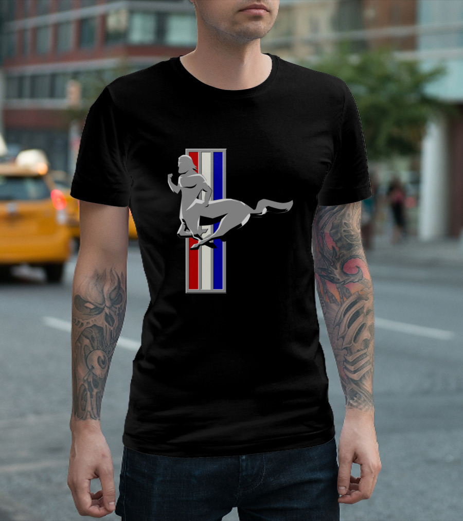 Mustang Centaur Running Silver Emblem with Red White Blue Stripes T-Shirt
