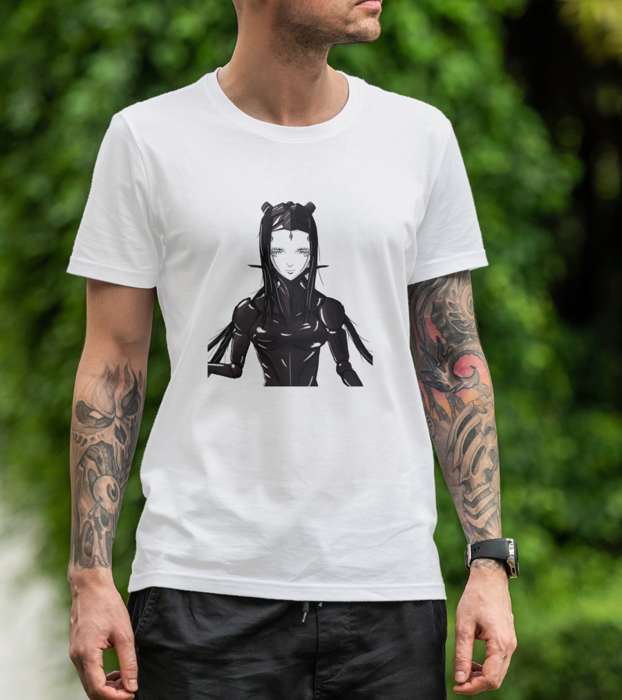 Pcell Manga-Inspired Character In Sleek Black Armor T-Shirt
