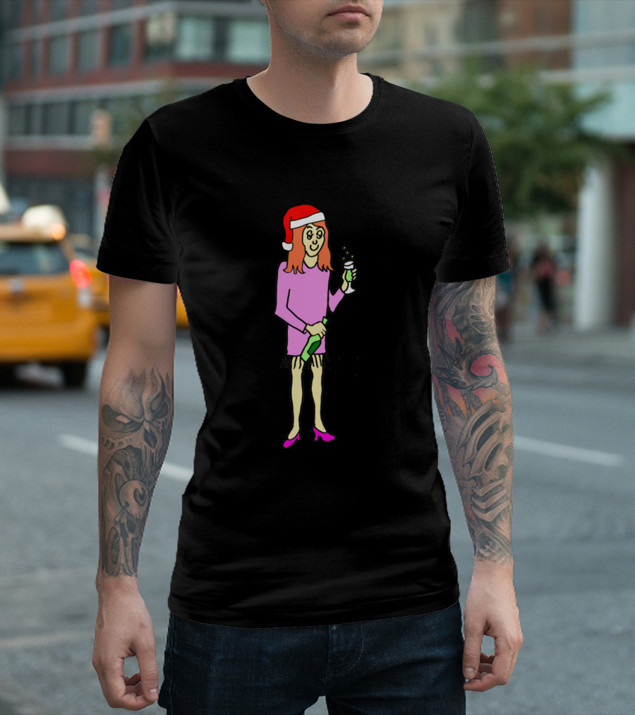 Santa Hat Woman with Champagne Glass and Bottle T-Shirt