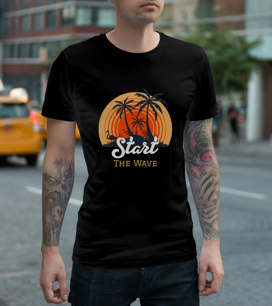 Start The Wave Sunset Palm Trees Tropical Island Scene T-Shirt
