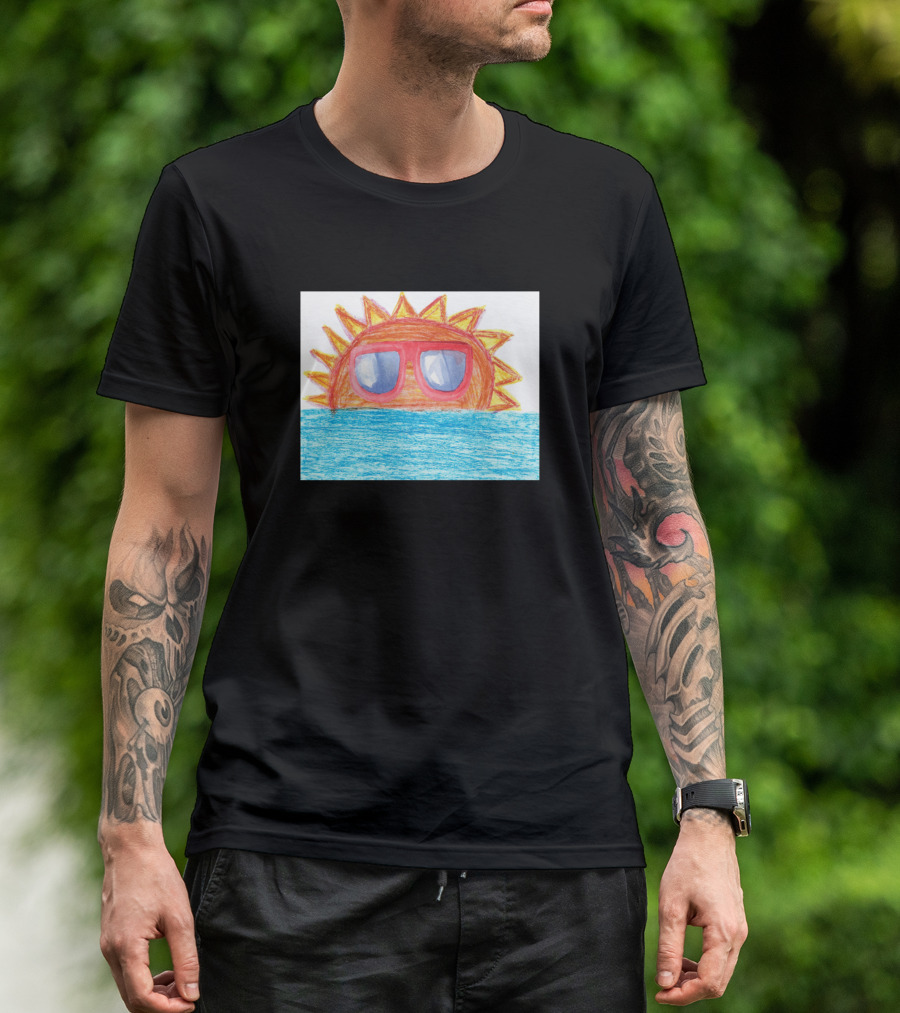 Sun With Sunglasses Above Blue Waves T-Shirt