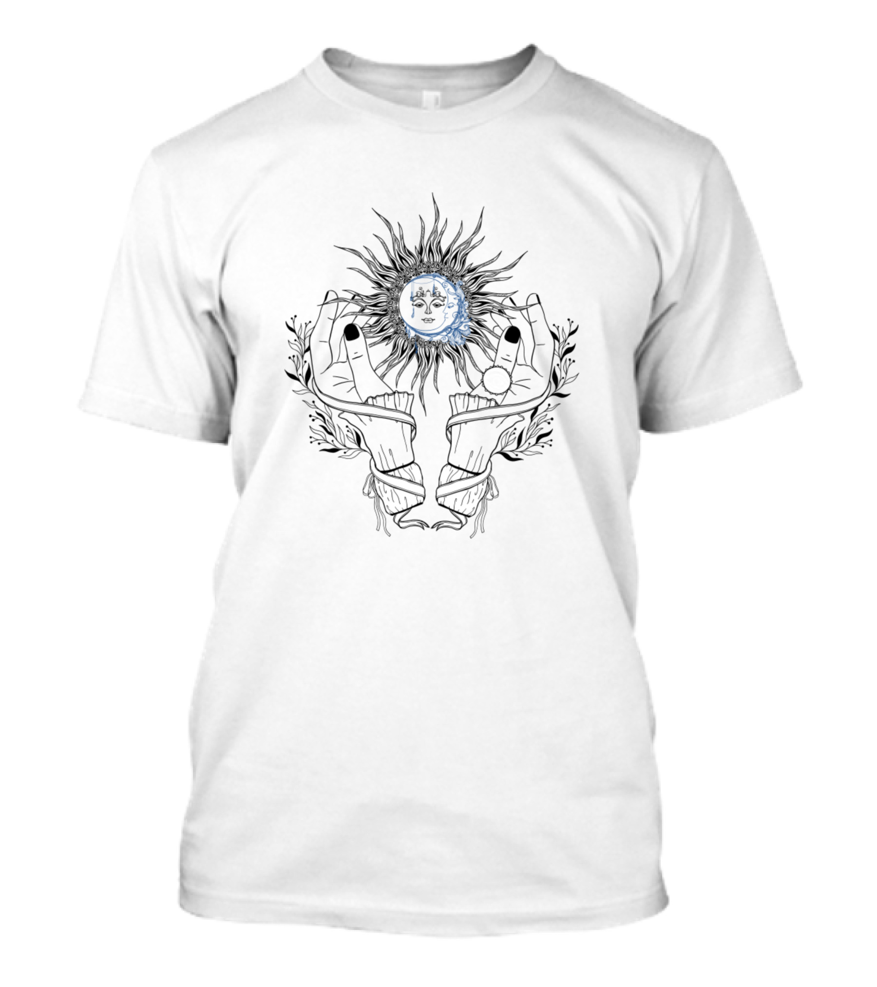 Crescent Moon And Solar Face Between Open Hands With Eye T-Shirt