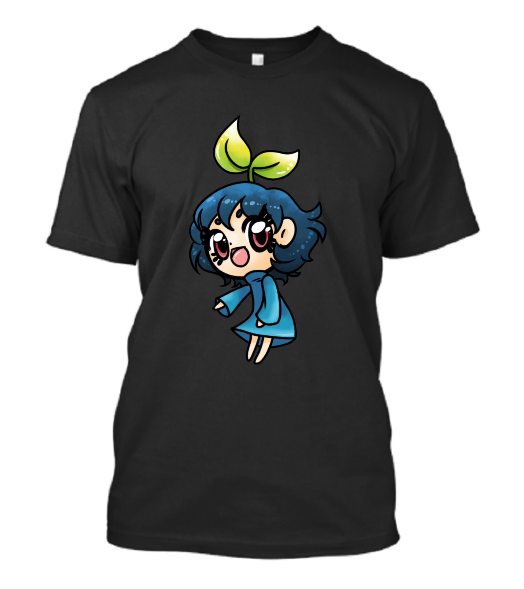 The Oddest Of Leaves Anime Sprout Character With Blue Hair And Green Leaf T-Shirt