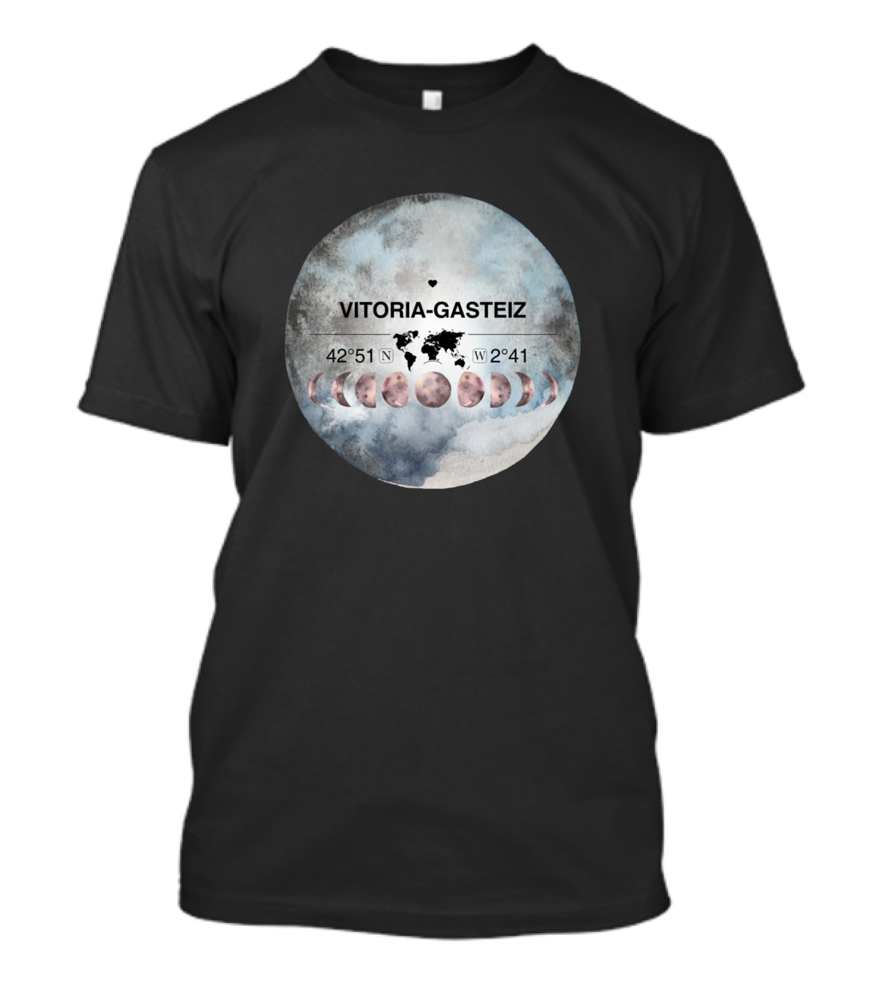 Vitoria Gasteiz Basque Country Spain Watercolor 42°51'N 2°41'W Moon Phases Map T-Shirt