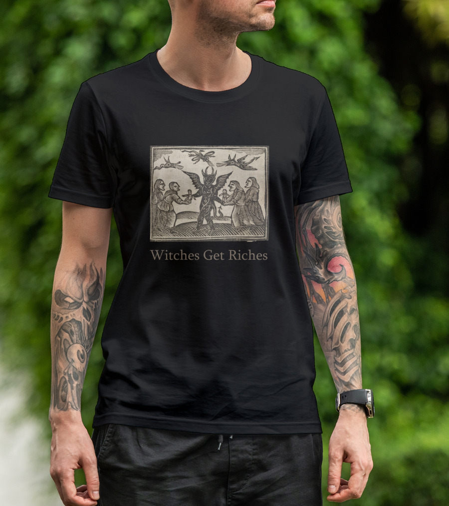 Witches Get Riches Medieval Woodcut Scene Devil Iconography T-Shirt
