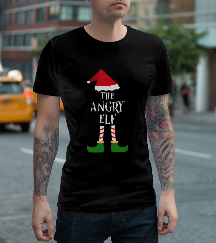 The Angry Elf Christmas Santa Hat and Green Shoes Image T-Shirt