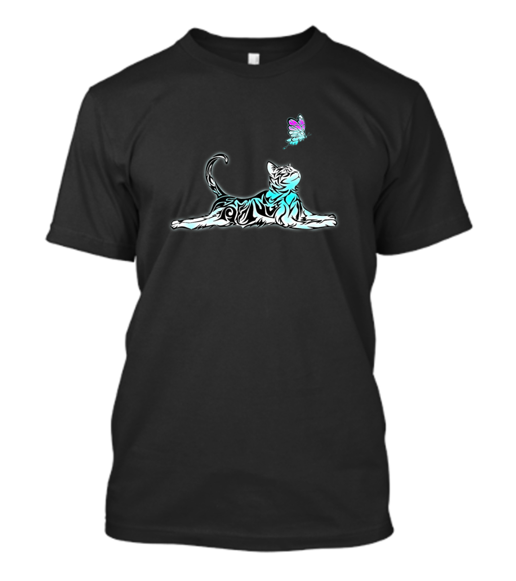 Aqua Tribal Cat And Butterfly Cat Lover Long Sleeve T-Shirt