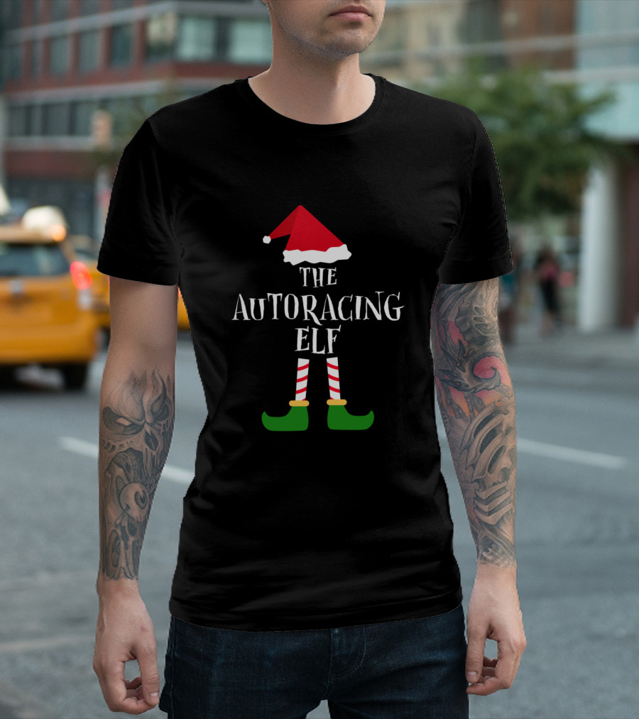 The Autoracing Elf Christmas Hat and Green Shoes T-Shirt