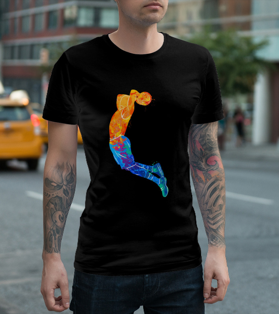 Basketball Dunk Player On Fire Watercolor Painting Athletic Leap T-Shirt
