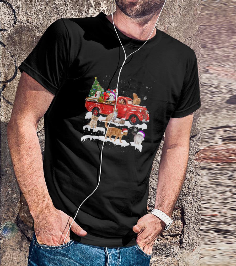Merry Christmas Cats Riding Red Truck With Kittens And Christmas Tree X Mas T-Shirt