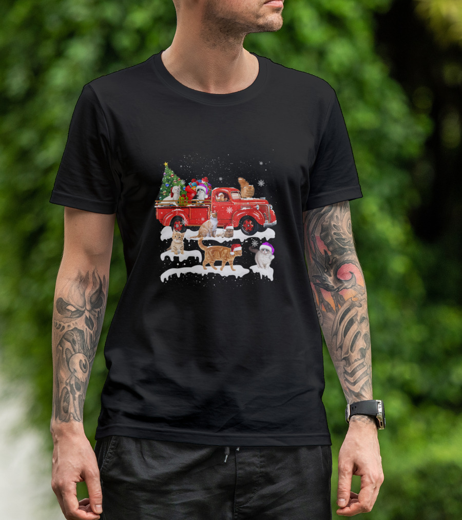 Merry Christmas Cats Riding Red Truck With Kittens And Christmas Tree X Mas T-Shirt