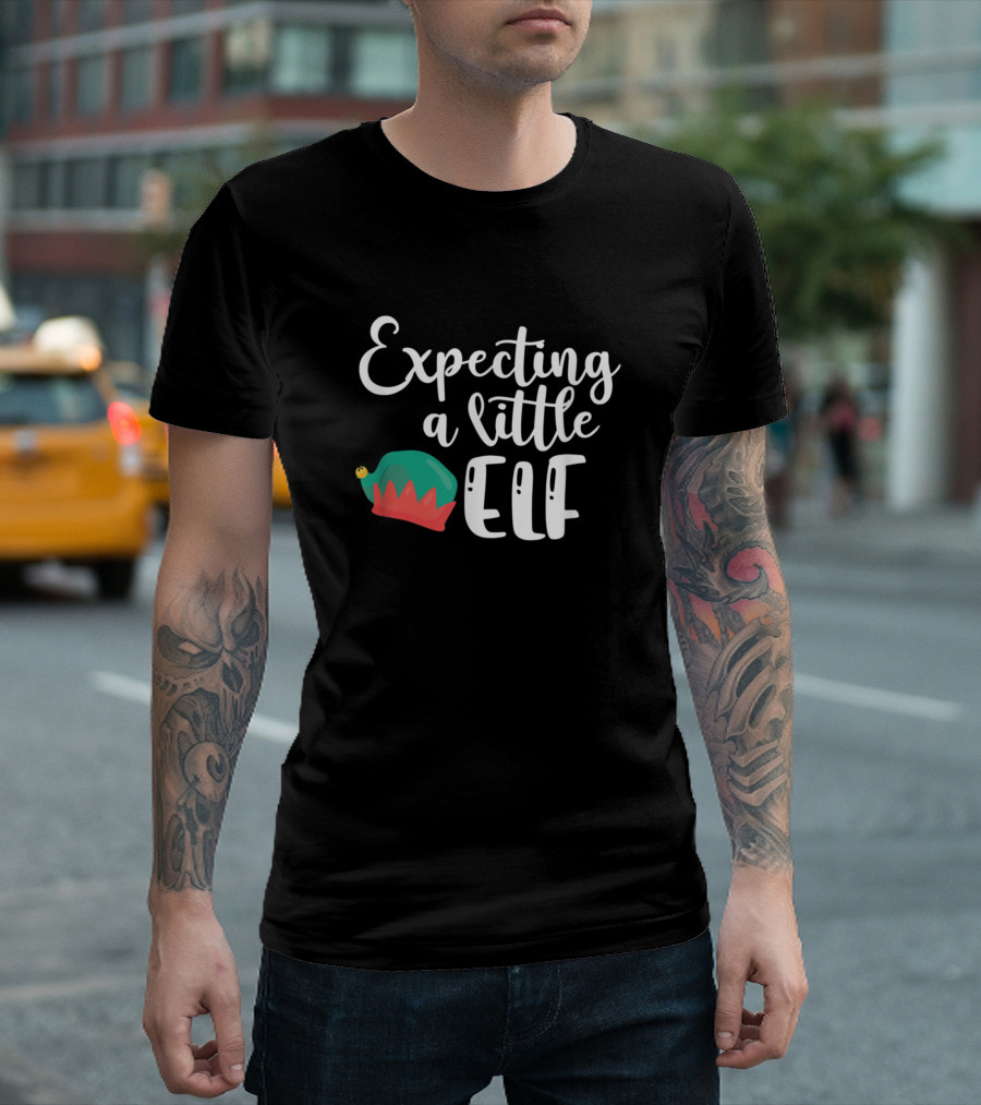 Expecting A Little Elf Christmas Pregnancy Announcement with Festive Elf Hat T-Shirt