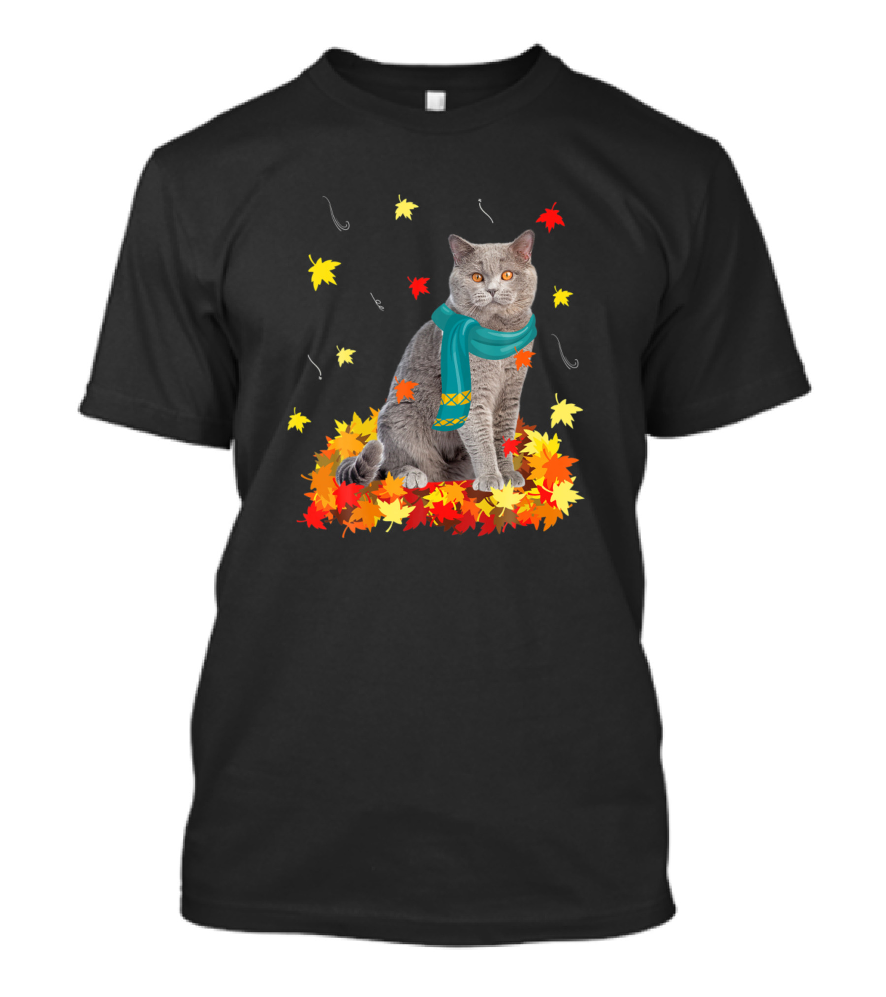 British Shorthair Cat Autumn Leaves Thanksgiving Fun T-Shirt