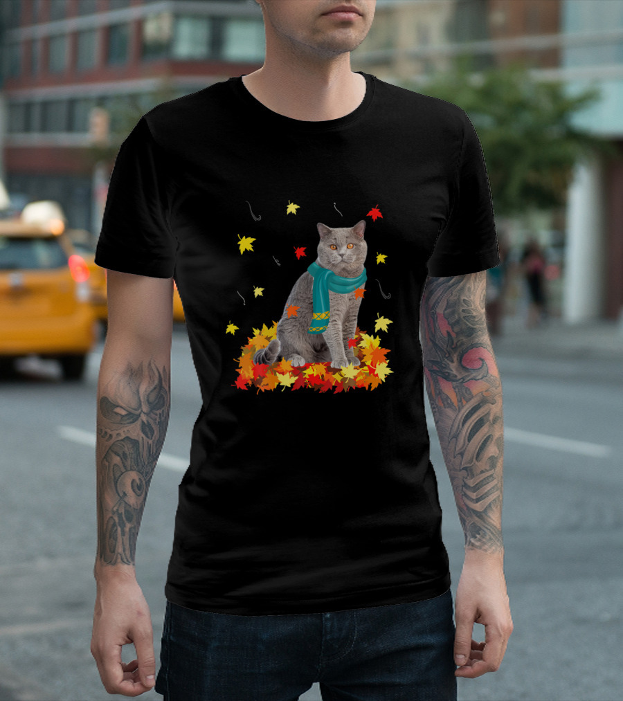 British Shorthair Cat Autumn Leaves Thanksgiving Fun T-Shirt