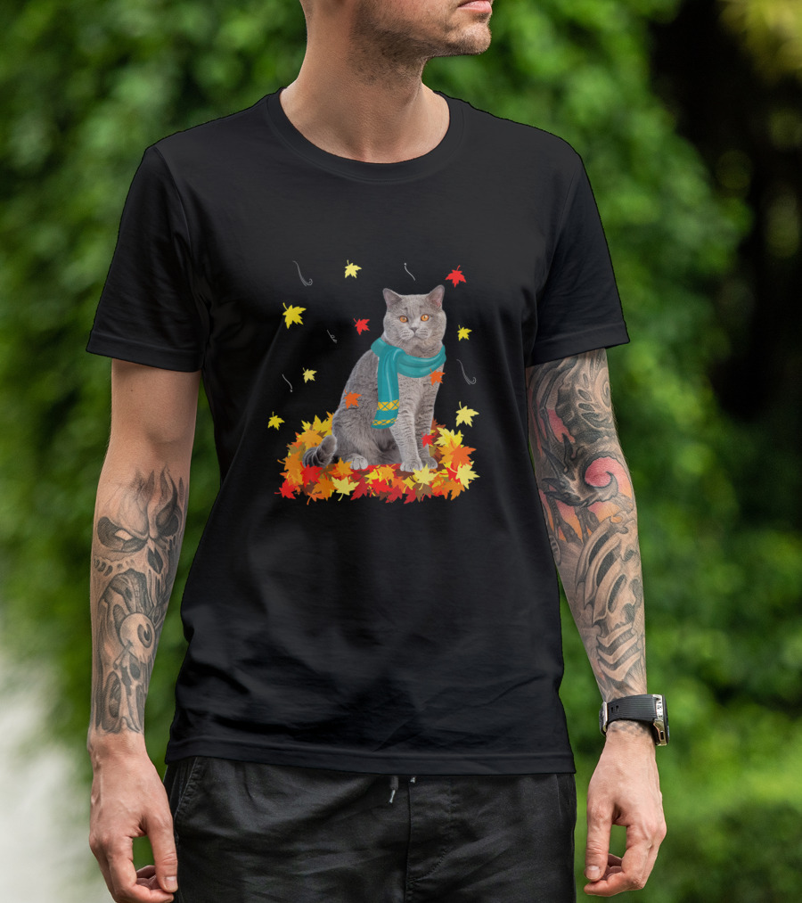 British Shorthair Cat Autumn Leaves Thanksgiving Fun T-Shirt