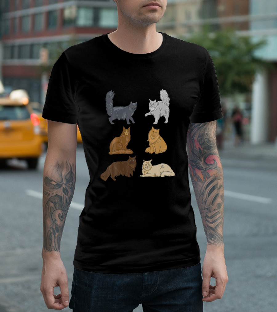 Maine Coon Cat Lover Funny Coffee Enthusiast In Charming Feline Poses T-Shirt