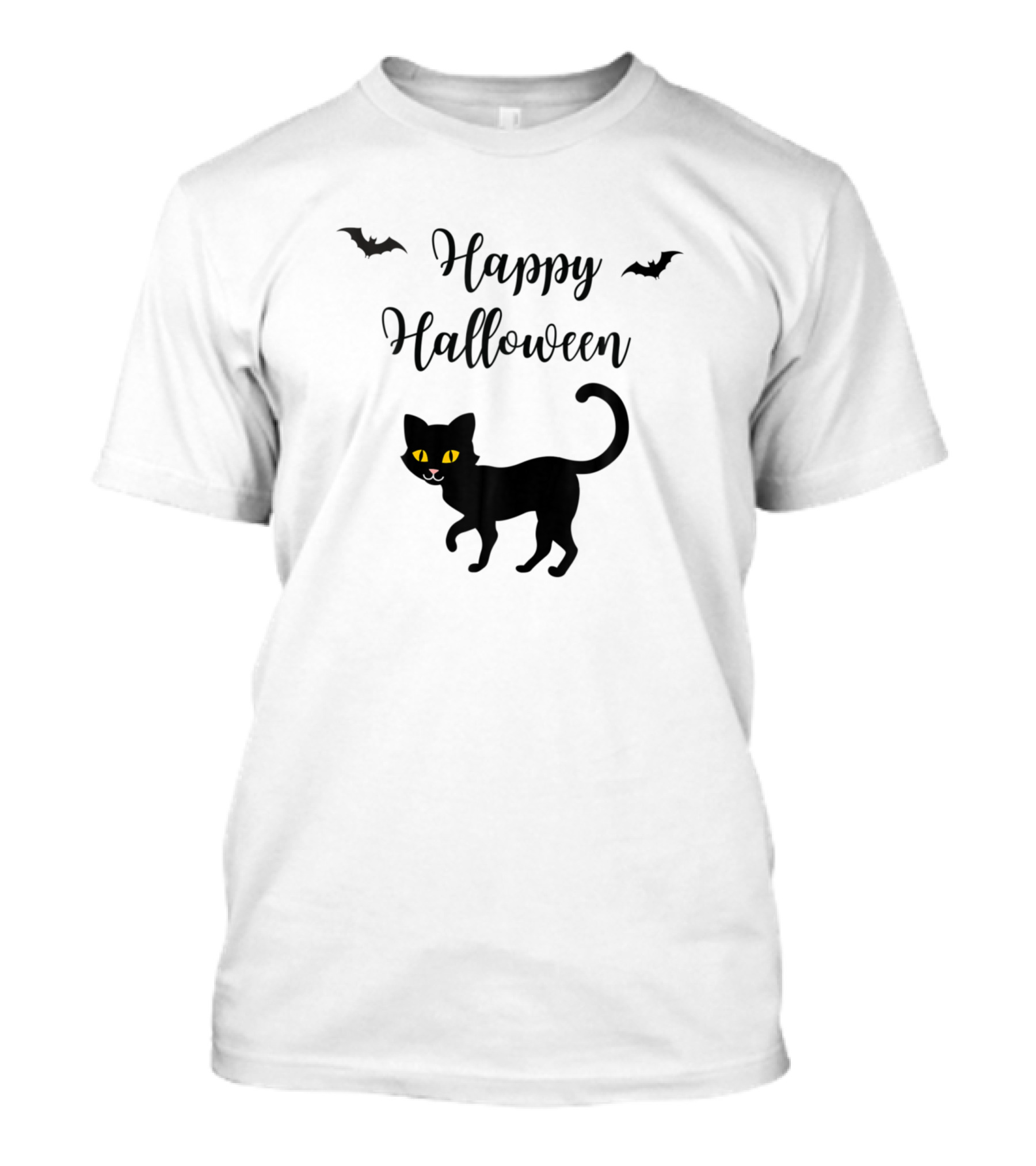 Happy Halloween Black Cat With Bats And Yellow Eyes T-Shirt