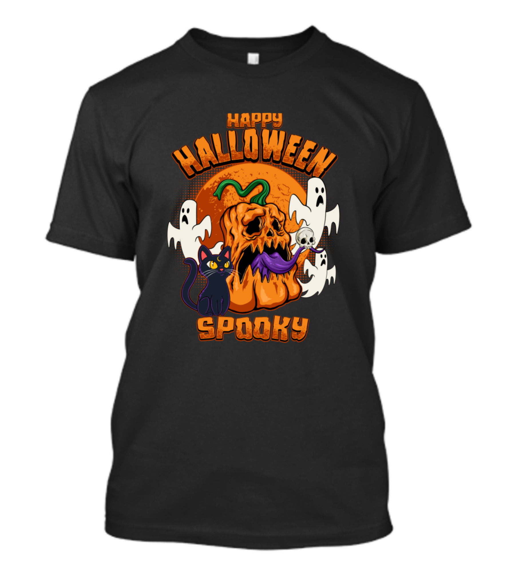 Happy Halloween Spooky Pumpkin Ghosts Black Cat T-Shirt