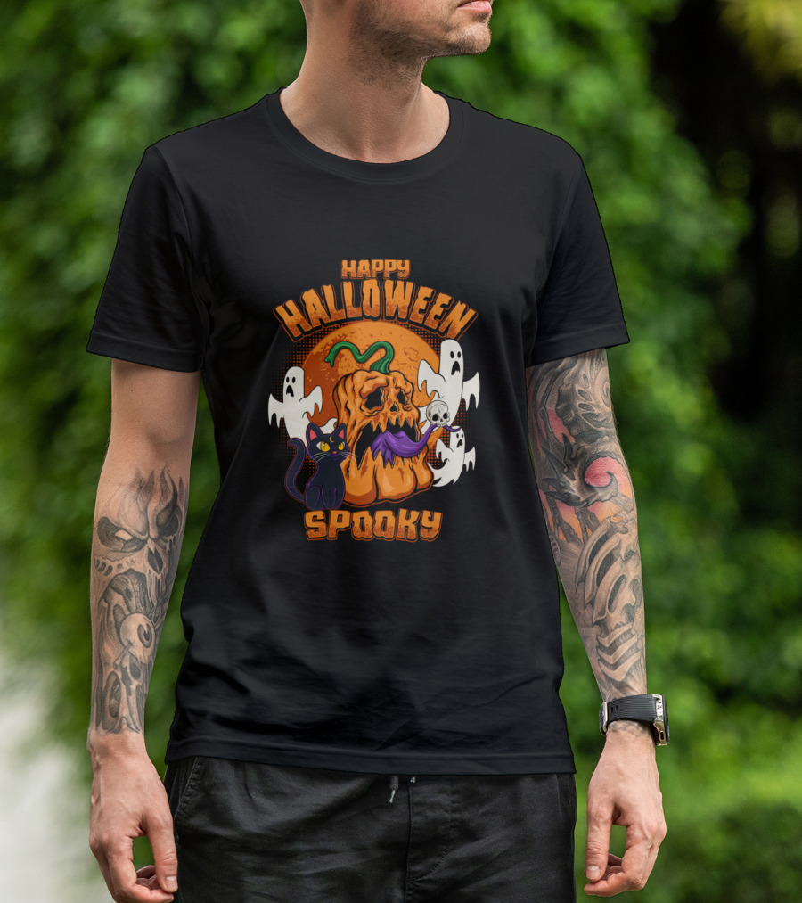 Happy Halloween Spooky Pumpkin Ghosts Black Cat T-Shirt