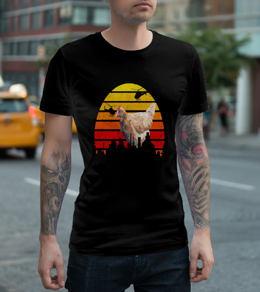 Kitchenzilla Colorful Vintage Sunset Style Chicken Helicopters Cityscape T-Shirt