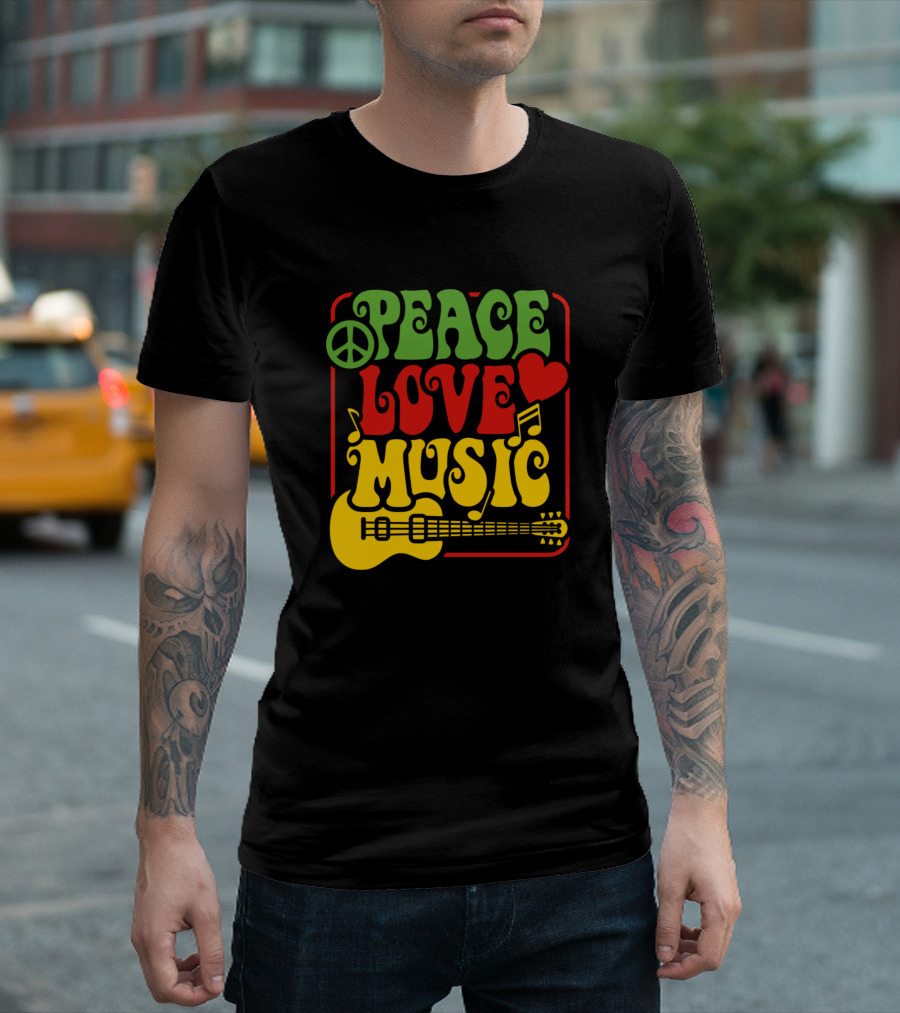 Peace Love Music Peace Symbol Heart Music Notes Guitar T-Shirt