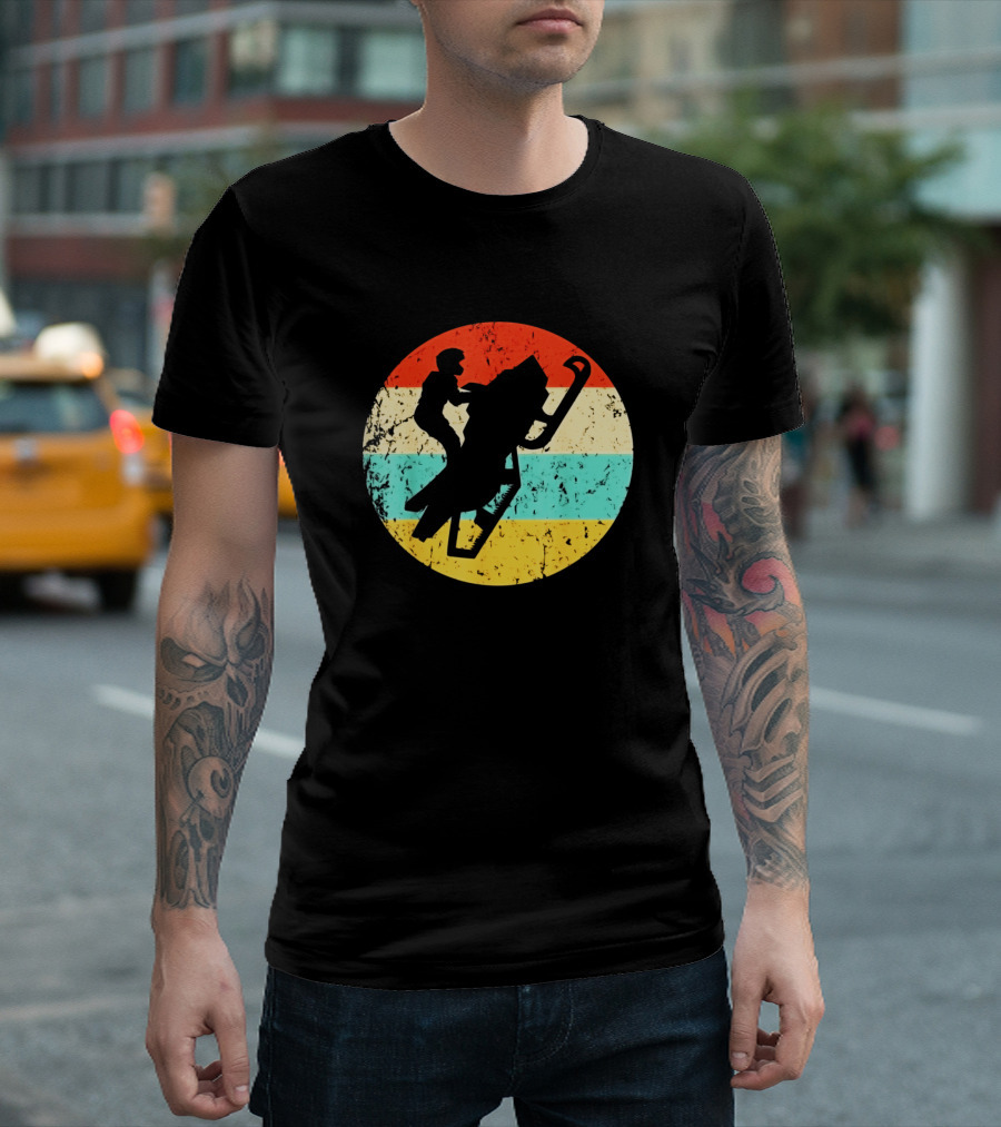 Retro Vintage 1960s 1970s Snowmobile Silhouette with Color Stripes T-Shirt