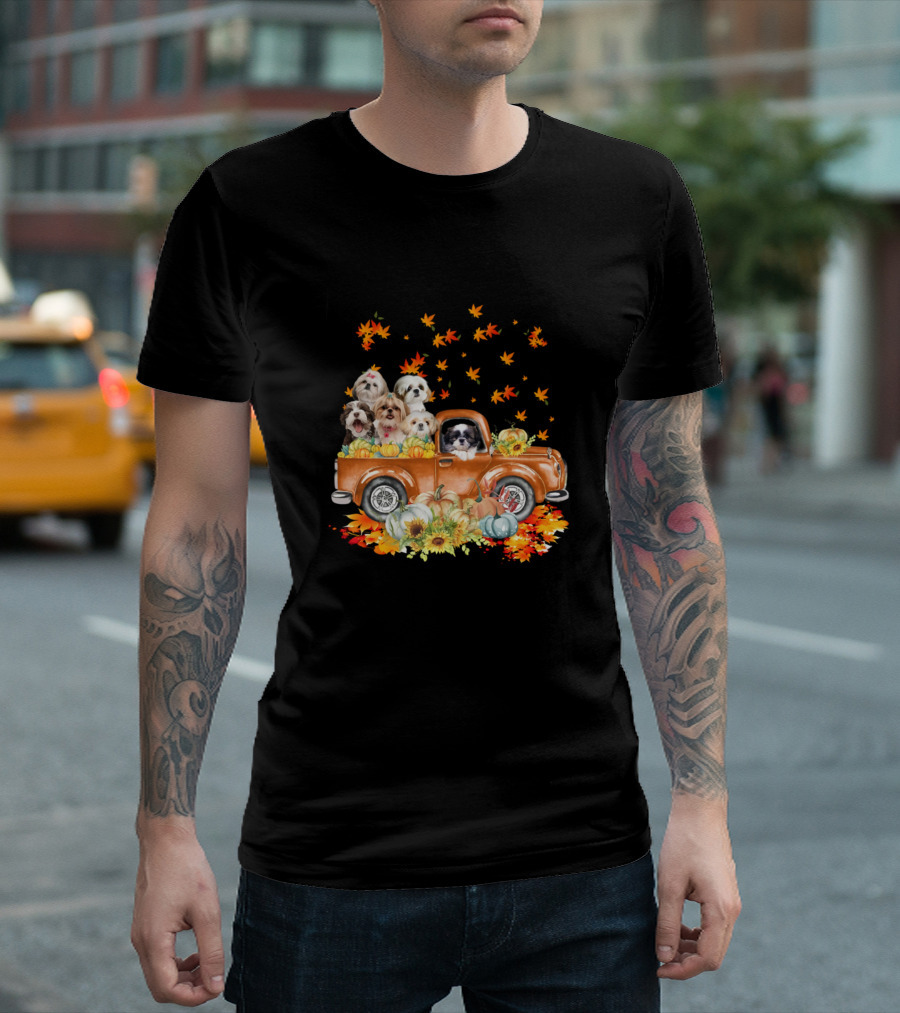 Sunflower Pumpkin Leaf Fall Funny Shih Tzu Truck T-Shirt