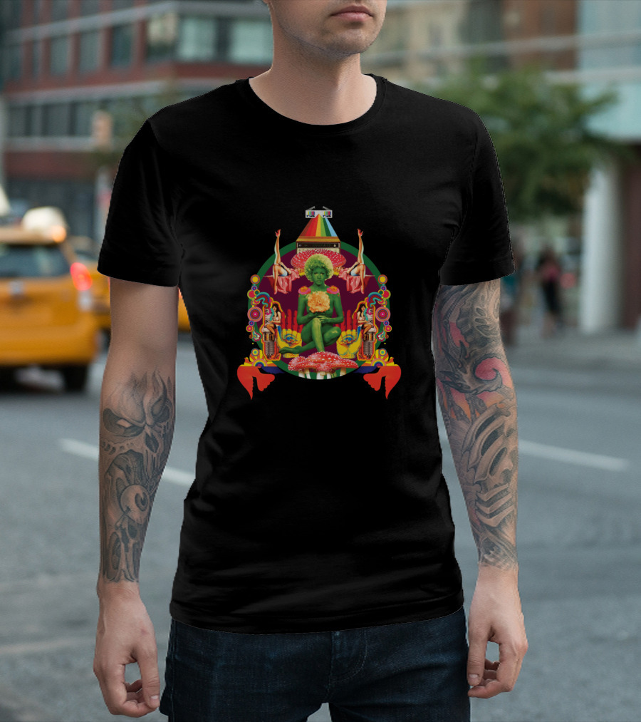 Psychedelic Green Goddess Surrounded by Mushrooms and Colorful T-Shirt