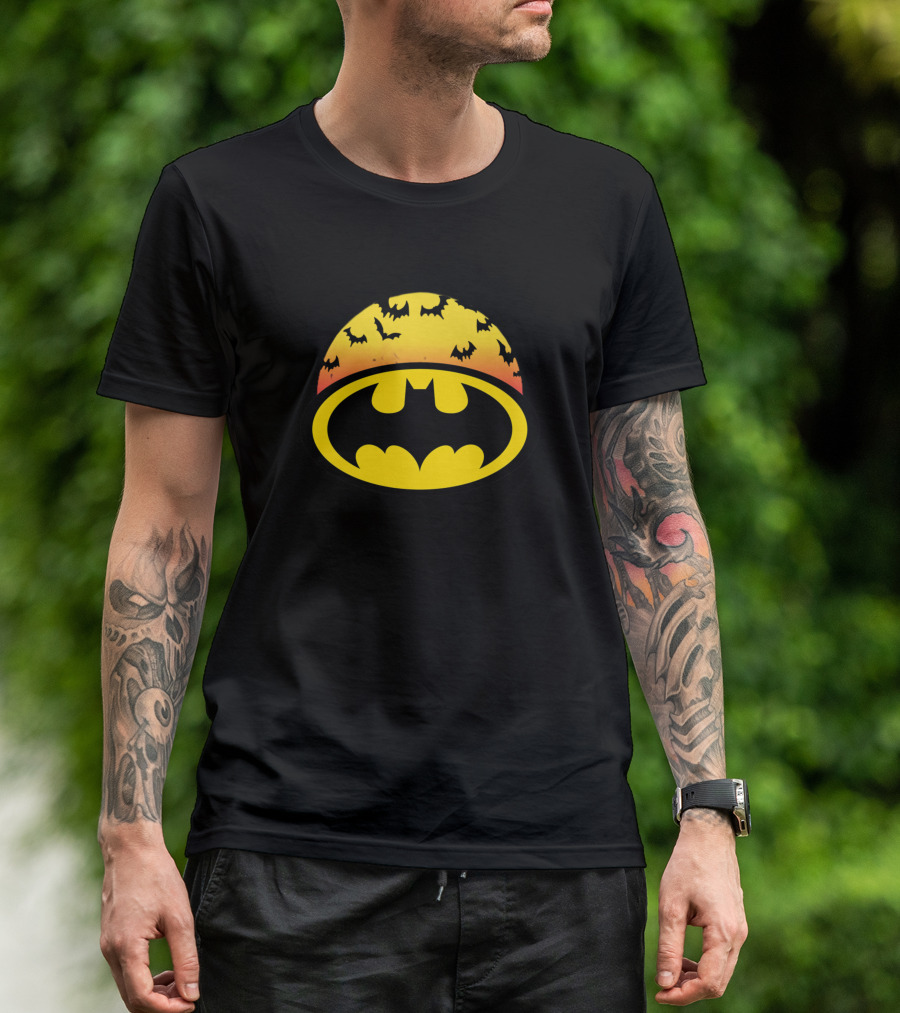 Batman Bat-Symbol With Bats And Sunset Sky T-Shirt