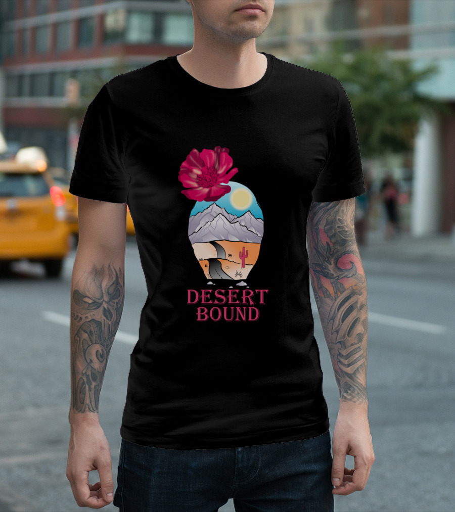 Desert Bound Mountain Road With Cactus and Pink Flower T-Shirt