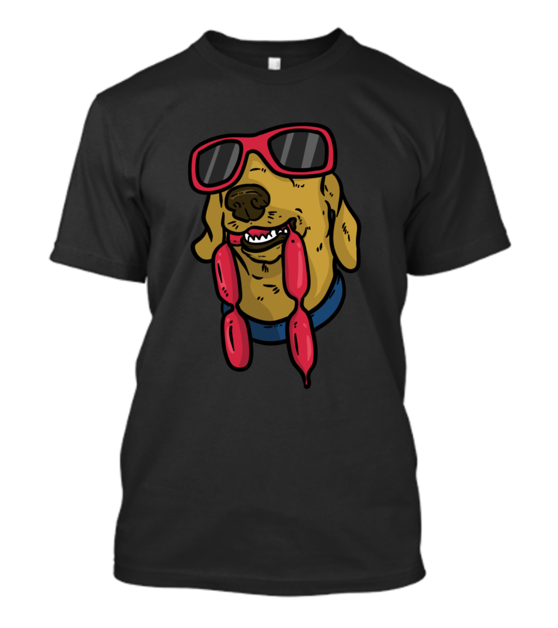 Dog With Sausage Sunglasses Wearing Blue Collar Red Shades T-Shirt