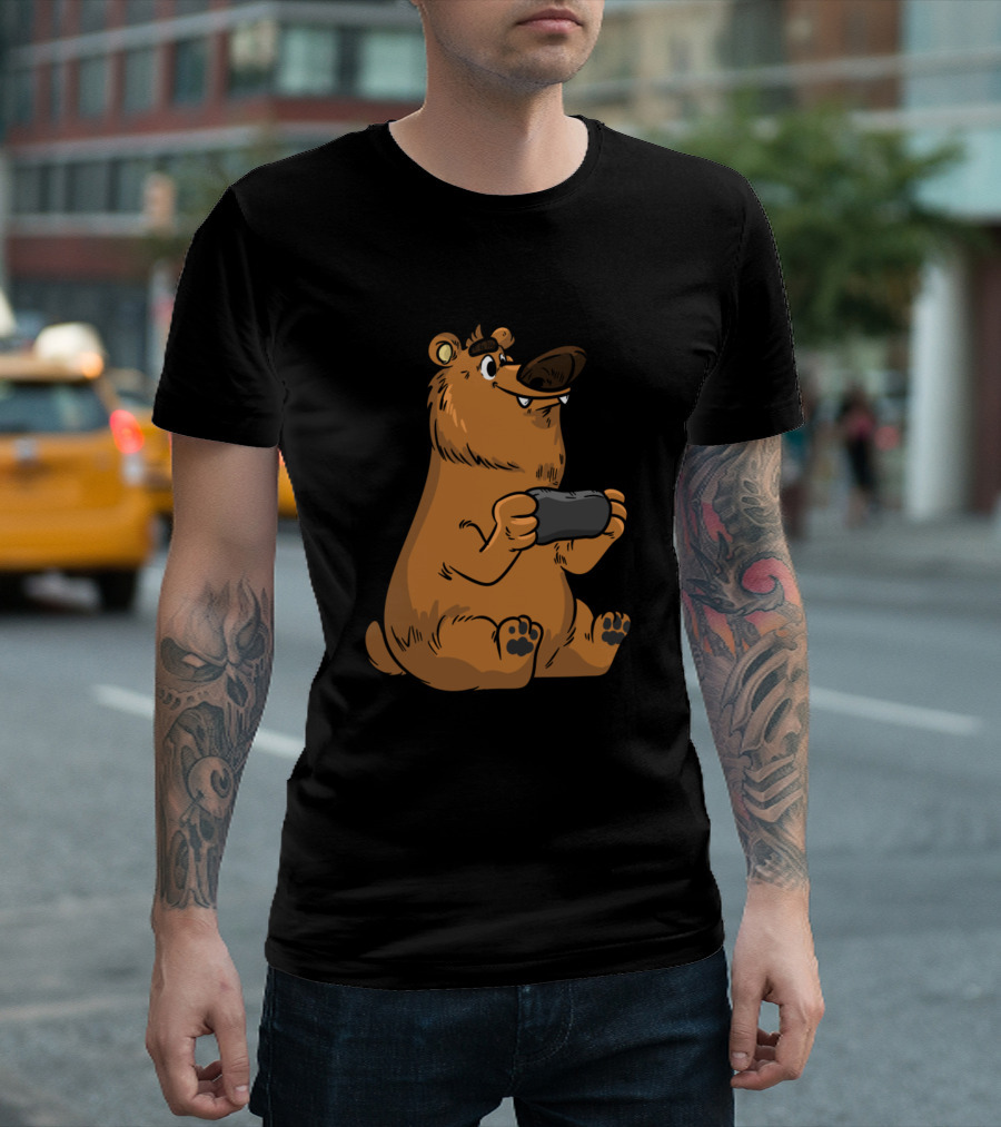Funny Gaming Bear Holding Controller Playfully T-Shirt