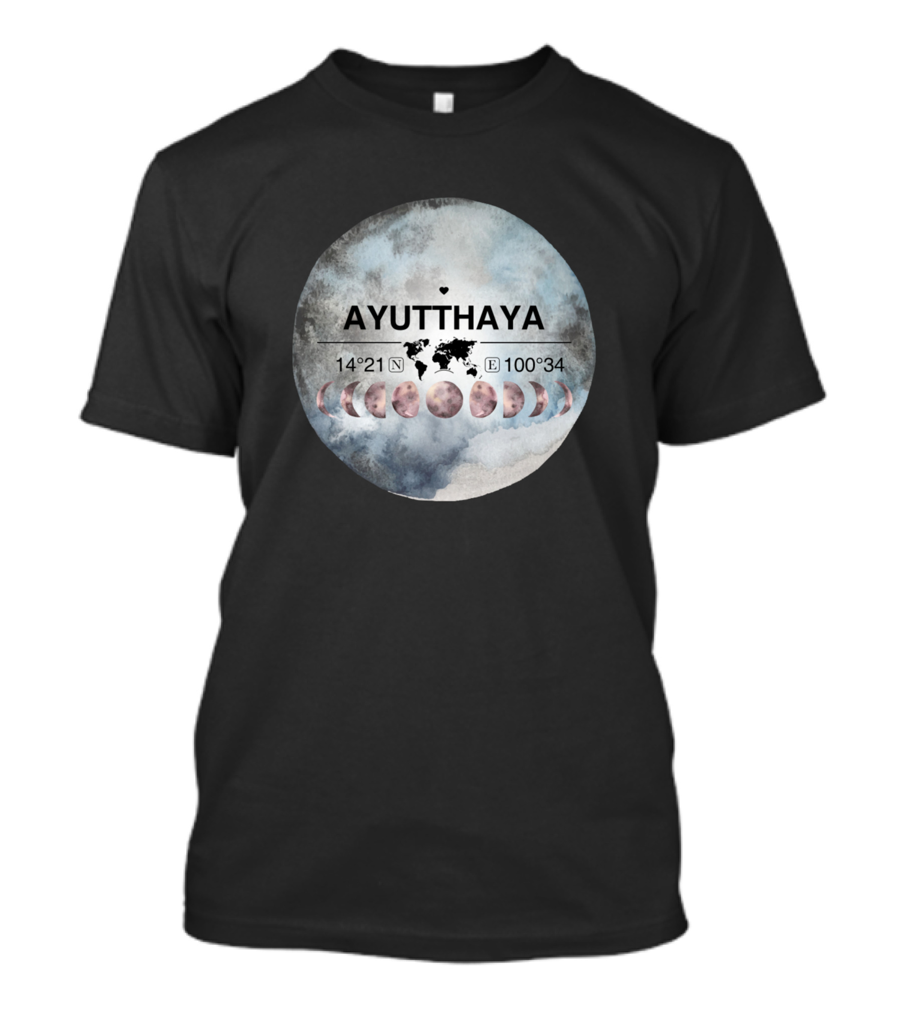 Ayutthaya Thailand 14°21'N 100°34'E Watercolor World Map And Moon Phases T-Shirt