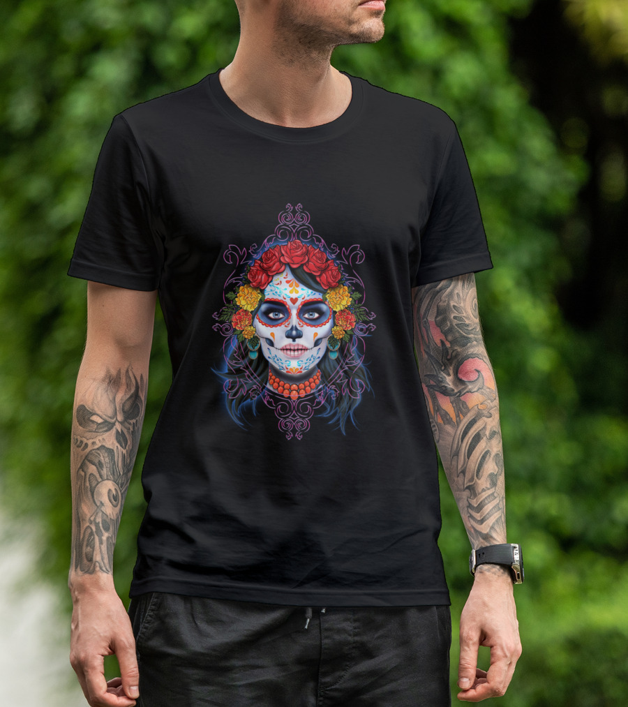 Chica De Los Muertos Sugar Skull With Floral Crown And Ornate T-Shirt